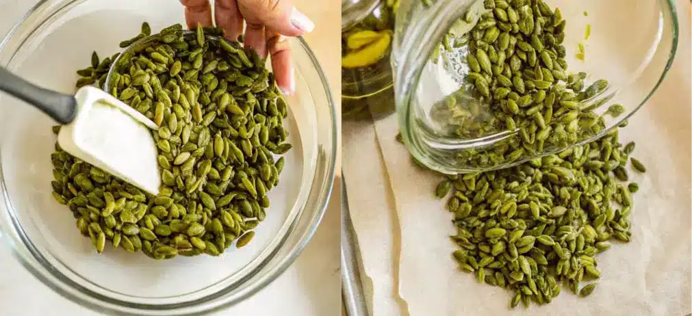 Best Recipe For Roasted Pepitas (Hulless Pumpkin Seeds) 6 Raw pepitas with olive oil and salt in a mixing bowl.
