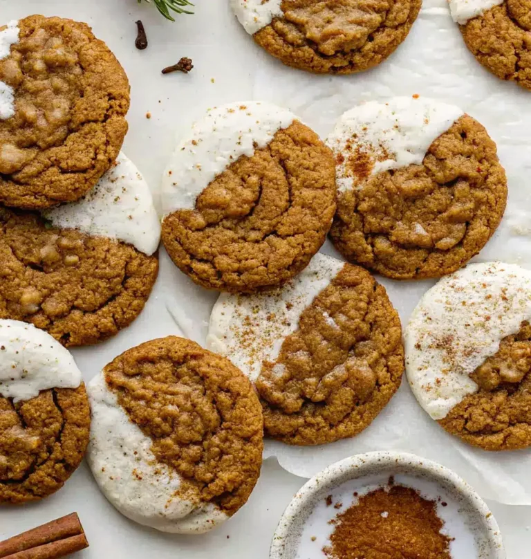 Gingerbread latte cookies with white chocolate coating on wooden table