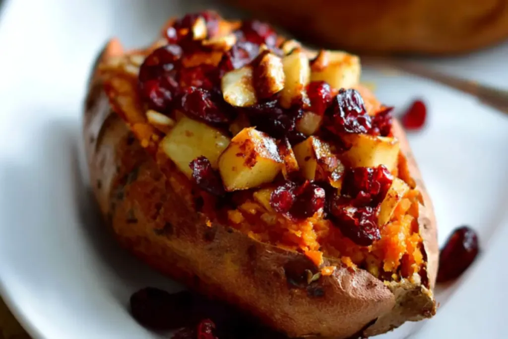 Cranberry apple twice baked sweet potatoes stuffed with caramelized apples, cranberries, and pecans on white plate